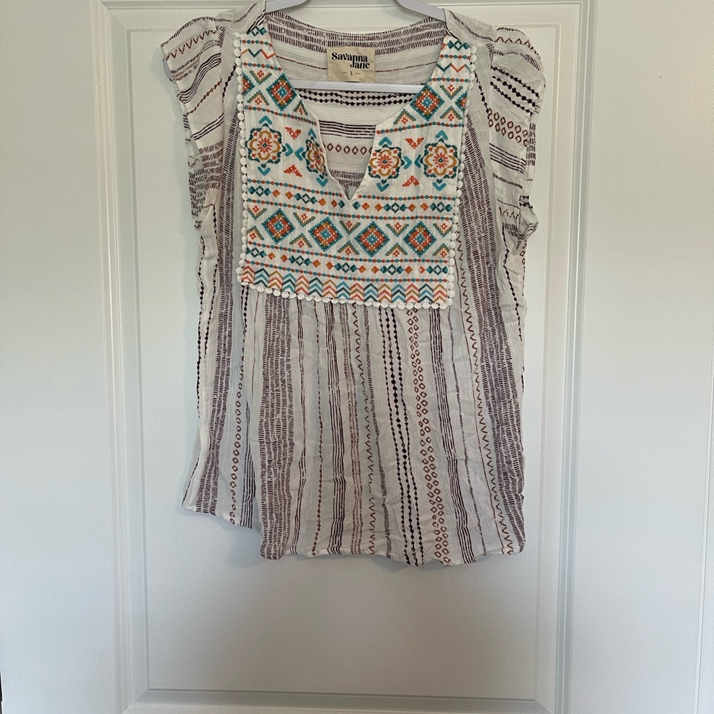 Savannah Women's Striped Embroidered Blouse - White and Brown